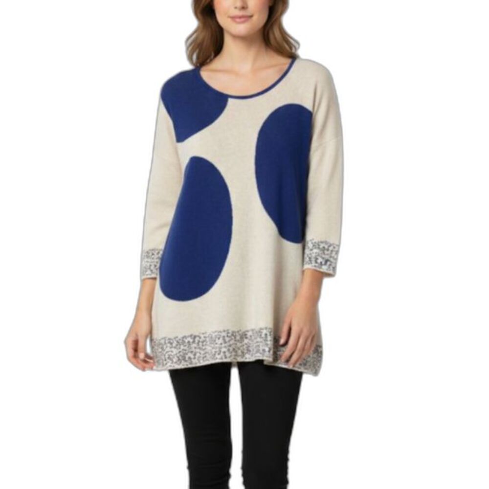 Parsley & Sage Womens Light Gray Royal Blue Circle Print LS Tunic Sweater Size M